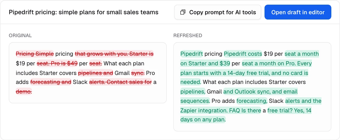 Update old pages and see exactly what changed: the Citeflare app with demo data