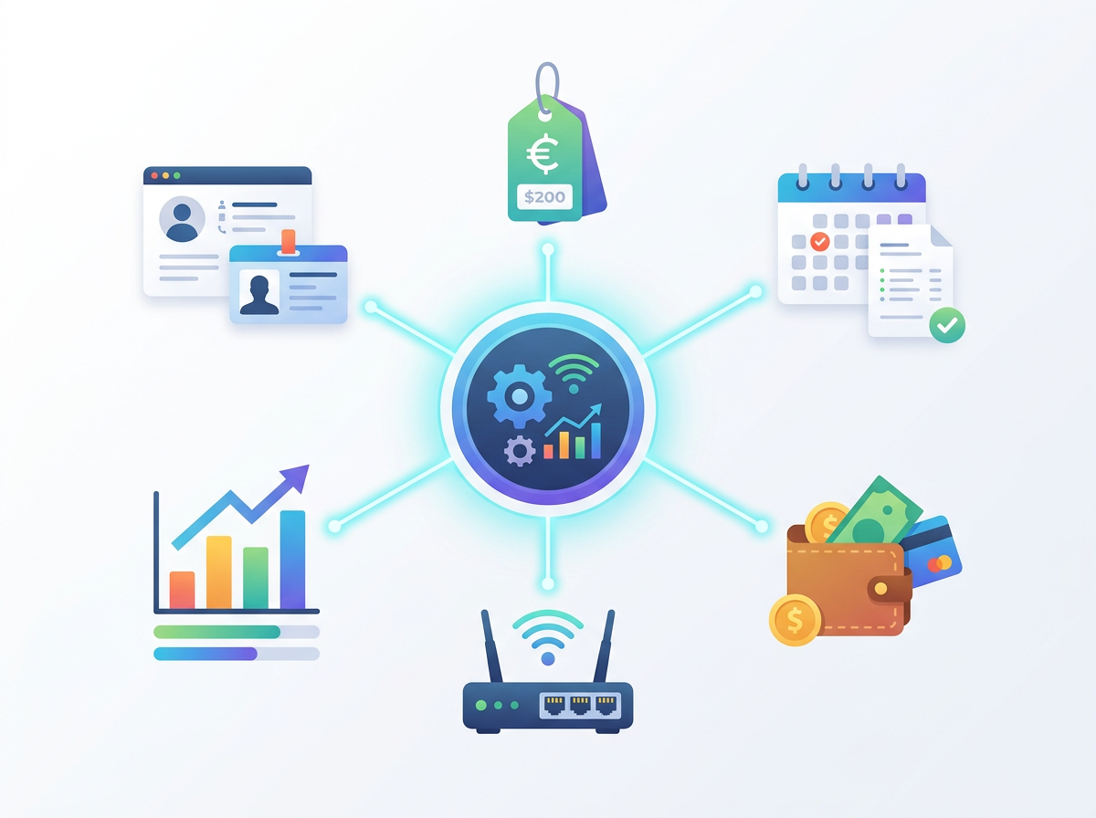 A central billing hub connected to customer records, pricing, invoices, payments, a router and reports.
