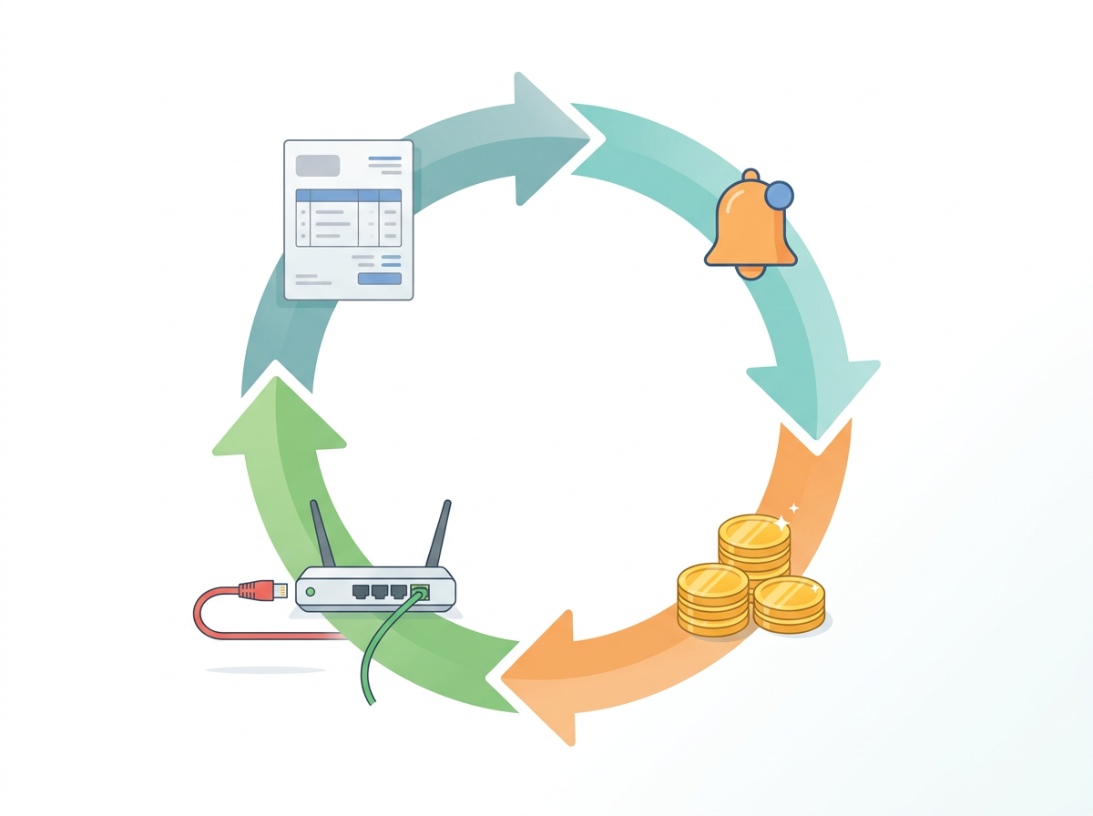 A looping workflow of invoice, reminder, payment and automatic service suspension and restoration.