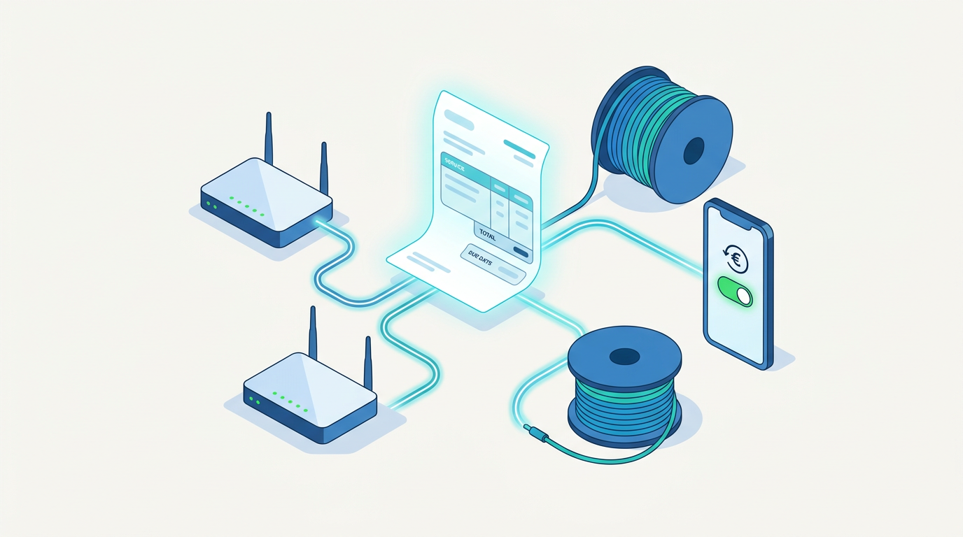 Illustration of a billing document linked to a router, fiber cable, phone and switch representing ISP billing automation.