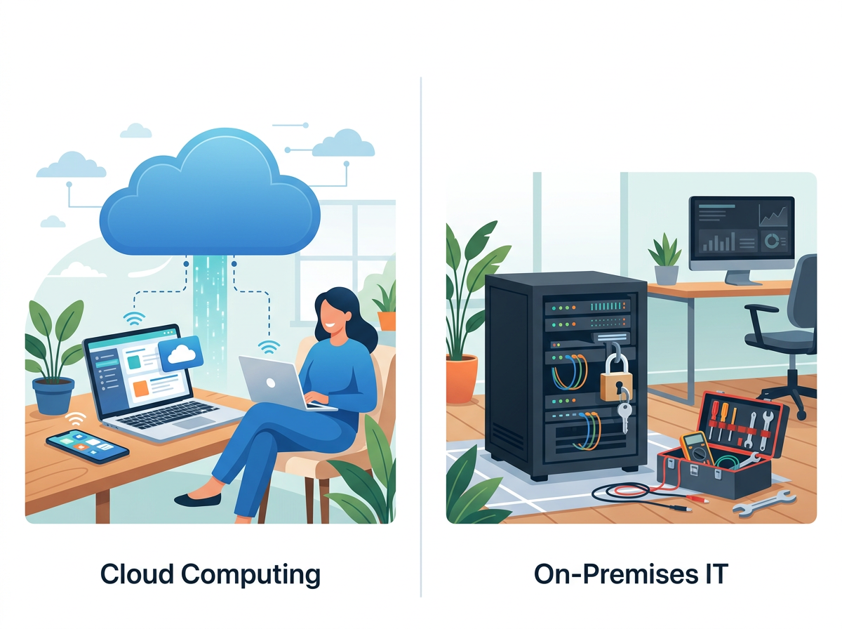 Comparison of cloud-hosted software on the left and a self-hosted on-site server on the right.