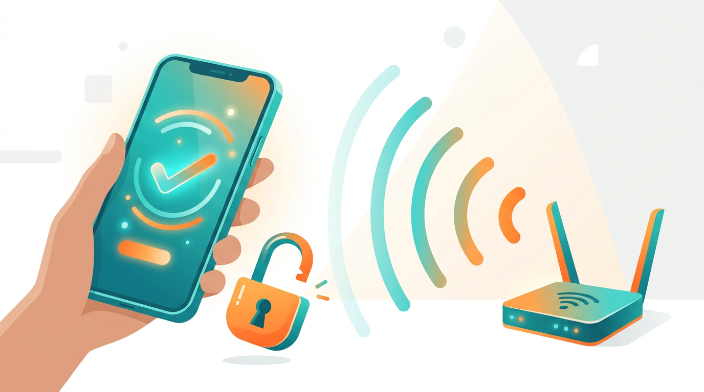A phone approving a mobile payment next to a WiFi router as a padlock opens.