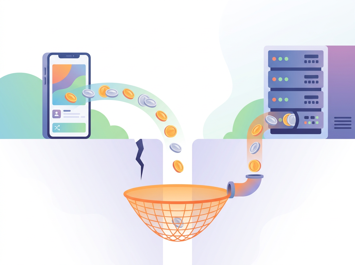 A lost payment coin caught by a safety net and returned to the pipeline, representing payment reconciliation.