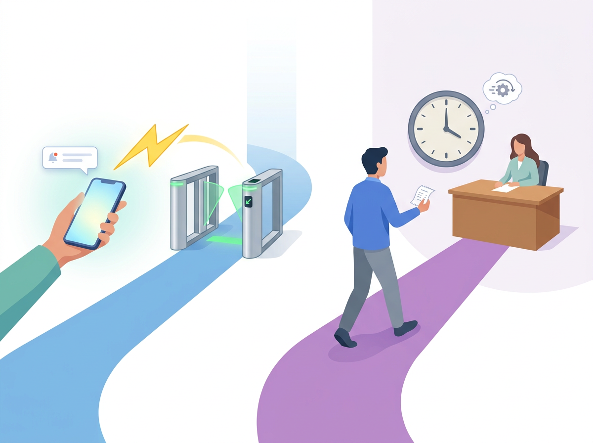 Comparison of an automated payment prompt path and a slower manual payment matching path.