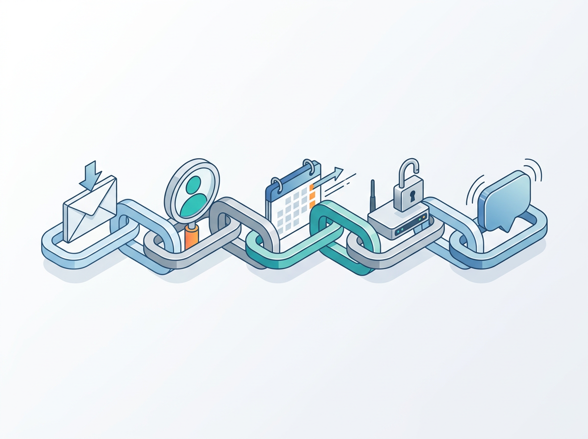 A chain of five linked steps from payment message to customer notification.