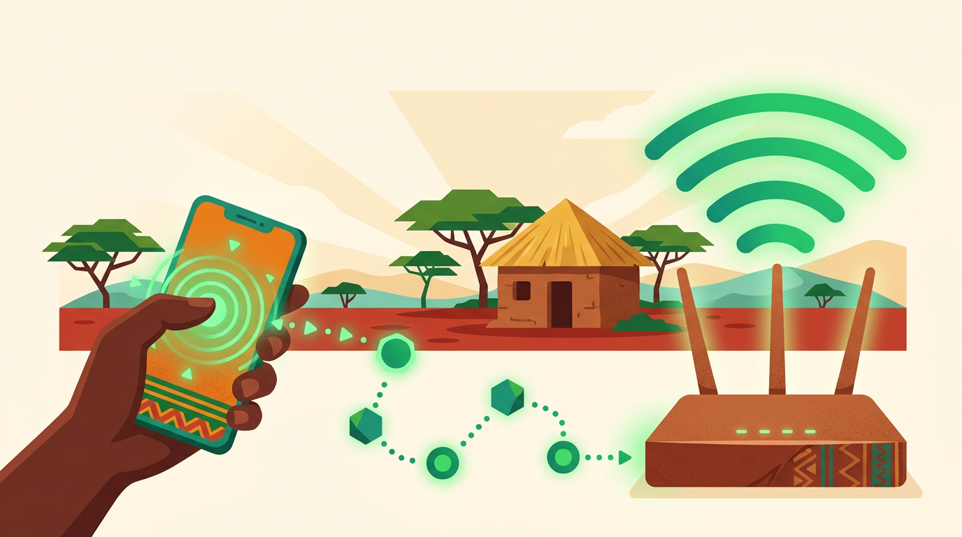 A phone sends a payment signal through connected nodes to a Wi-Fi router that lights up.